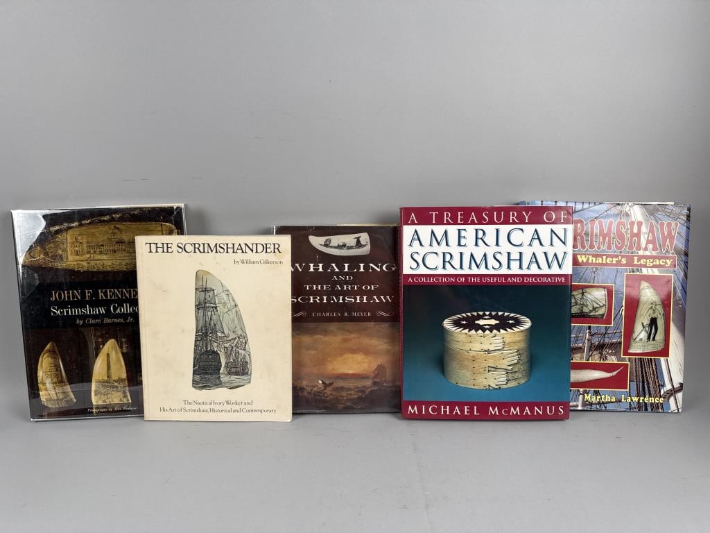 COLLECTION OF SCRIMSHAW REFERENCE BOOKS Largest 11" x 9".: COLLECTION OF SCRIMSHAW REFERENCE BOOKS All hardcover with dust jackets except as noted. 1) The Scrimshander by William Gilkerson. San Francisco: Troubador Press, 1975. Paperback. 2) A Treasury of Ame