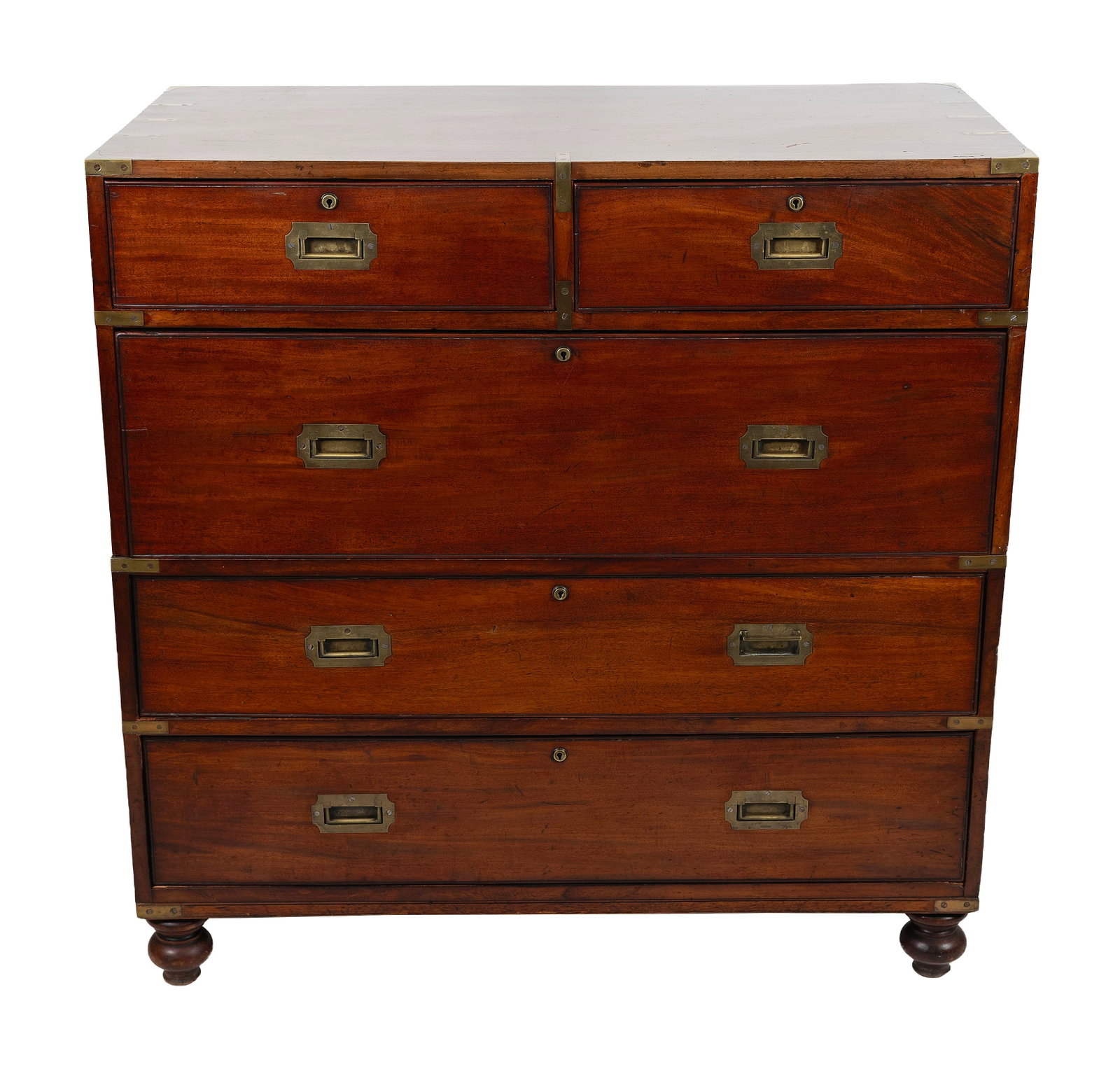 MAHOGANY TWO-PART CAMPAIGN CHEST 19th Century Height 42.5". Width 42". Depth 21".: MAHOGANY TWO-PART CAMPAIGN CHEST 19th Century Upper section with half drawers over a full-width drawer. Lower section with two graduated full-width drawers and bun feet. Height 42.5". Width 42". Depth