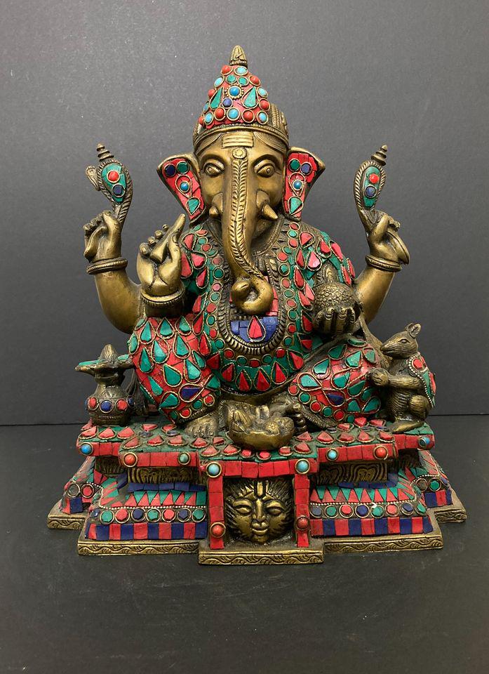 SOLID BRONZE LORD GANESH STATUE WITH CORAL GEMS (1 of 6)