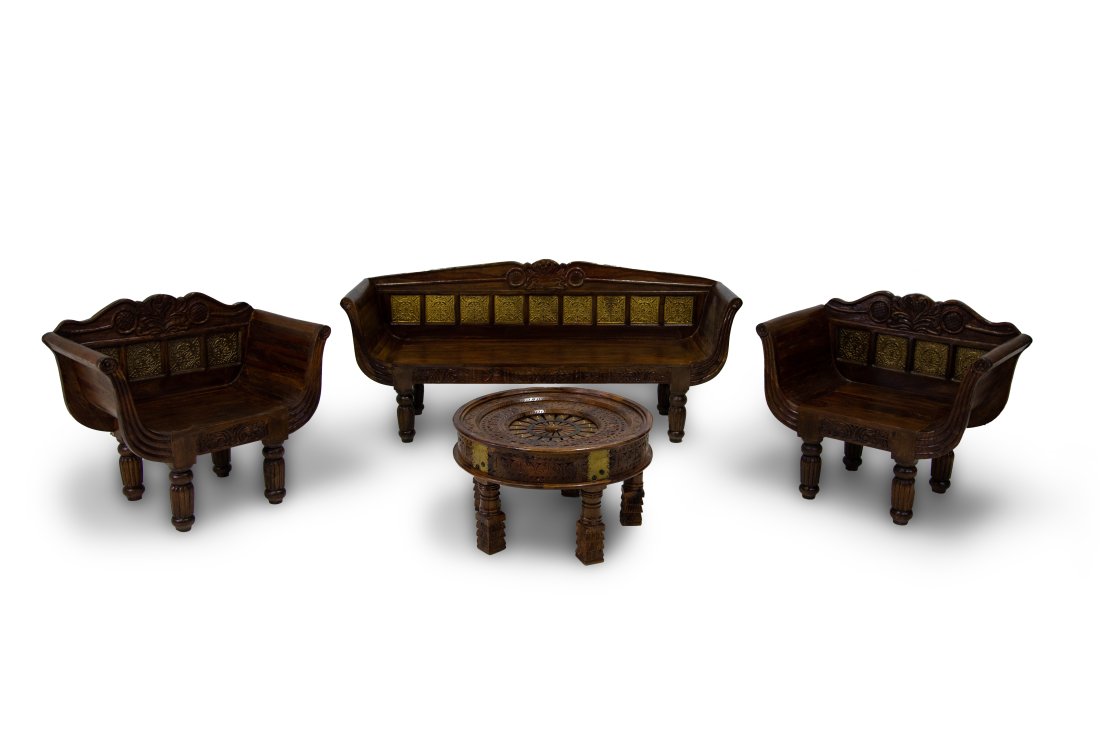 TEAK DINING SET WITH ETHNIC ROUND TABLE: One-of-a-kind artisan handcrafted vintage solid reclaimed teak wood dining set with with ethnic round table - Take a seat on this elegant vintage wooden set with a table to enjoy a cup of coffee or te