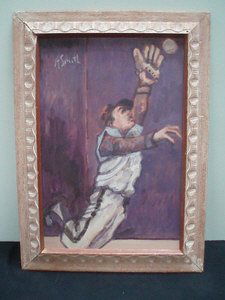 Arthur Smith Oil on Board Baseball Player: Arthur SMITH (?-1972). Oil on artist's board of a baseball player. Signed upper left. Remnants of a title? - mid right. 23.5" x 15.5" Sight, 29.5" x 21" Framed.