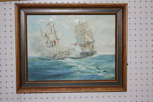 Christopher Blossom O/B Sail Ship at Sea: Christopher BLOSSOM (1956). Oil on board of two sail ships at sea. Signed lower left and dated '75. 11.5" x15.5" sight, 15.5"x 19.5" framed. Provenance: Estate of Robert and Pearl Bourke