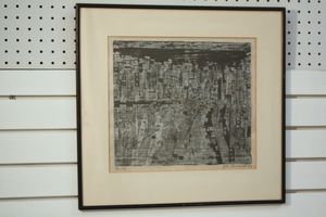John Bernhardt "The City" Woodcut on Paper 1954: John BERNHARDT (1921-1963). Woodcut on paper. Title lower left. "The City." Signed & dated '54 lower right.