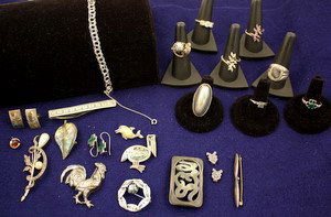 Sterling Silver w/Marcasite Taxco Danish: Large lot of vintage sterling silver jewelry including: Art Nouveau belt buckle, Taxco tie clip, Car Frydensberg Denmark mod ring, Zeidell hematite brooch, marcasite, abalone etc. 22 Pieces. 129.8g/4.