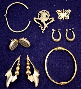 Sterling Silver Lot: Earrings Pins Bracelets: Sterling silver jewelry lot including Art Nouveau brooch illegibly signed, 3 prs pierced earrings - niello & Leaf form w/gold beads signed "B",butterfly charm & two signed bangles. 56.7g/1.825ozt