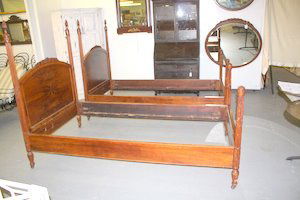 Pair 4 Poster Mahogany Twin Beds + Night Stand: Pair of Four Poster twin sized beds are 60" h x 82" l x 42" w