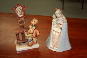 2 Hummel Figs. Flower Madonna & Adoration TMK-3: 2 Hummel figurines. Adoration (23/3) Trademark 3, figural group, girl's pigtail damaged. Flower Madonna (10/1) Trademark 3, no damage.