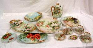 Hand Painted Limoges Porcelain 17 Pieces: Hand painted porcelain lot, mostly Limoges. Includes: 12.5" tray T&V, 4 chocolate cups & saucers, 2 cups w/hairlines, 2 saucers with small flakes on underside JP, H&C Coffee Pot - small chip to lip, A