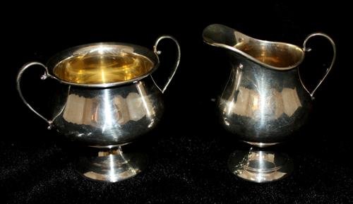 Black Starr & Gorham Sterling Sugar & Creamer: Black Starr and Gorham marked sugar and creamer. Monogrammed. 3 tall. 210g (6.75 oz t)"
