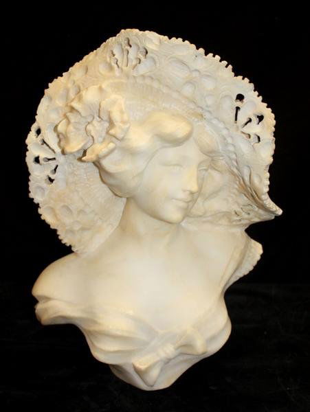 Cipriani Carved Alabaster Female Bust on Pedestal: Cipriano CIPRIANI (XIX). Intricately carved white alabaster bust of a young female w/hat. Mounted on marble pedestal. Repair to neckline. Extensive restoration to edges of hat. Bust: 15.5"h, 9.5"w, Bu