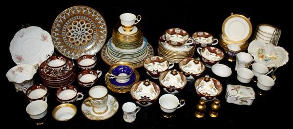 Misc Porcelain: Ginori Limoges Minton for Tiffany: Large lot of porcelain including: Ginori cigarette box, Pouyat Limoges chocolate cup and saucer, 6 Minton for Tiffany custards w/under plate (3 w/damage), RS Prussia cup, 8 Royal Crown Derby type cups