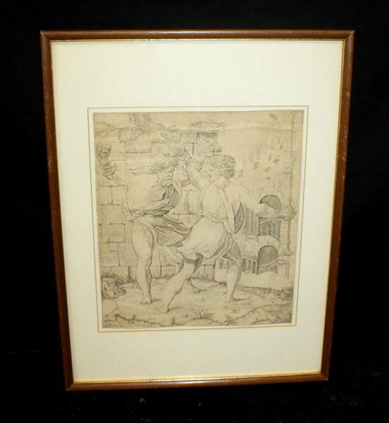 Marco Dente 18thC Engraving Entellus & Dares: Marco DENTE (ca1493-1527). Engraving of the boxing match between Dares and Entellus. ca. 1520. Cut to image. Engraving dated 1773.