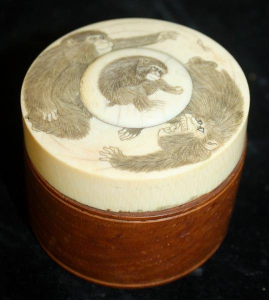 Japanese Meiji Period Wood & Ivory Box w/Monkeys