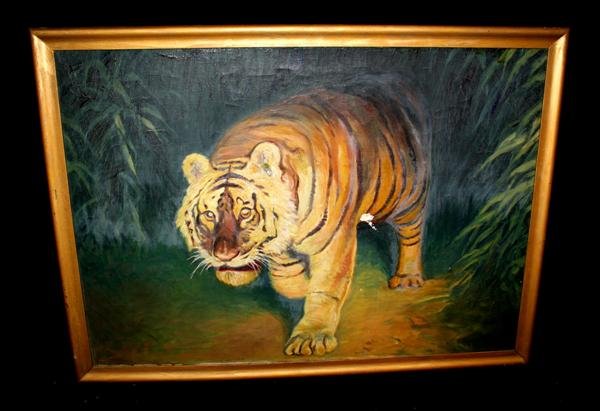 Oil on Canvas of Tiger in Jungle Unsigned