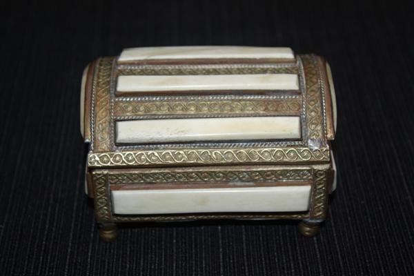 Bone and Brass Jewelry Casket Box: Domed lid jewelry casket or trinket box in brass with bone on four feet. 2.5" x 3.25" x 4.125".