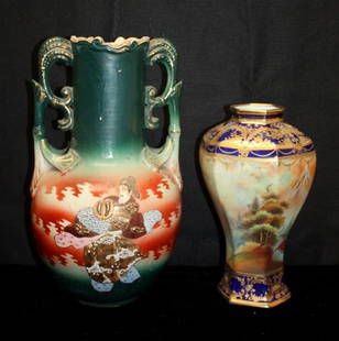 2 Early 20thC Japanese Vases Nippon & Satsuma: Morimura Nippon cobalt vase w/mountain landscape, gilt & moriage. Faintest wear to gilt at base. 12" Late Satsuma vase 16"h