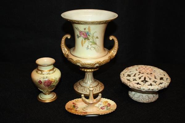 3 Pcs Royal Worcester Blush Ivory + Locke Pomander: hair rec'r 3" h x 5" diam, ring holder 2.75" h small vase 4" h urn 8"h