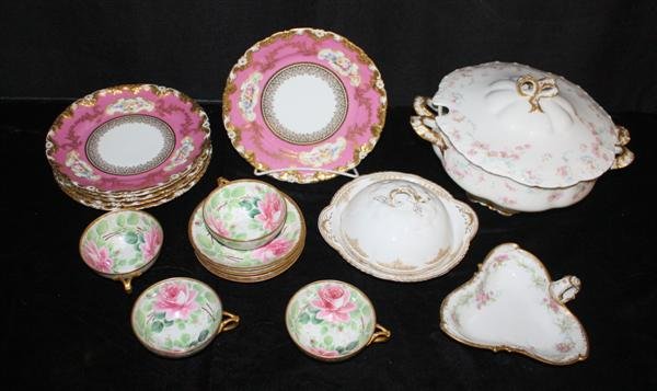 20pcs Limoges Porcelain - Floral Decorated: 4 Pouyat for Rich & Fisher, NY rose decorated cups & saucers ca1890-1932; Pouyat rose decorated nappy ca 1906-32. Minor gilt wear. 6"l; Theodore Haviland 3 piece covered butter dish; Haviland rose dec