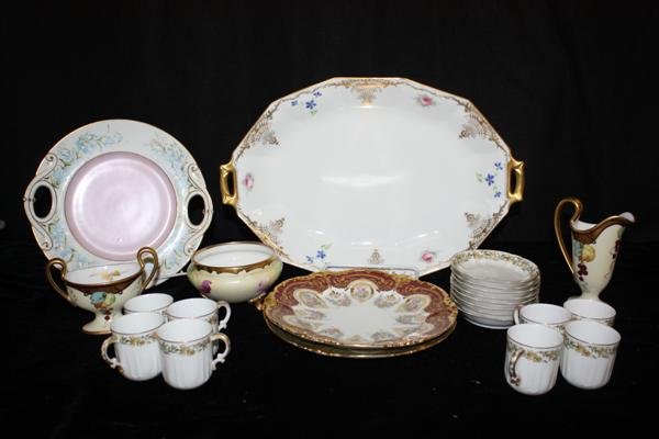 23 Pieces Limoges Porcelain:T&V Pickard Haviland : 16pc Haviland demitasse set; T&V Pickard sugar & creamer signed Challinor, GDA open bowl on 3 feet; 2 Pouyat 9.75" plates - one maroon & one green; Haviland & Co 10" cake plate. Flea bite on edge. Ini