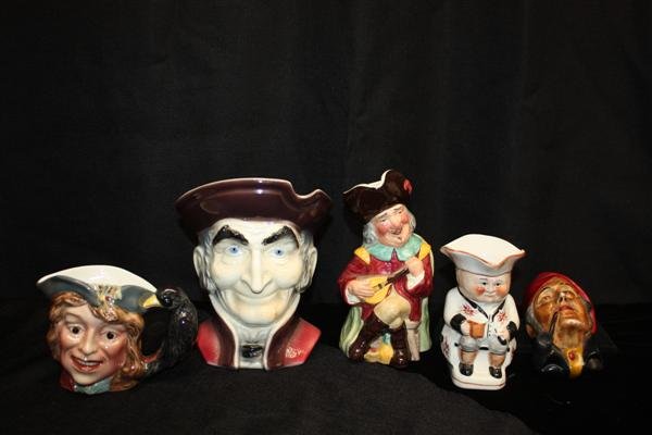 5 English Character Jugs, Toby Mug, Wall Pocket: Barnaby Rudge w/parrott 4.75'"h, Copley wallpocket 8"h, Staffordshire Mandolin player 8.25"h, Tony Wood 5.50", sailor w/pipe 5"h