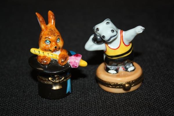 2 Limoges Boxes: Shot Put Hippo & Rabbit in Hat