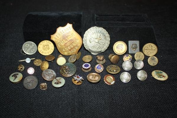 Early CT Police & Fire Badges & Fraternal Group: Early Naugatuck Fire badge and Ansonia Police Sergeant badge, each 2" long. Police, fire and fraternal buttons and pins