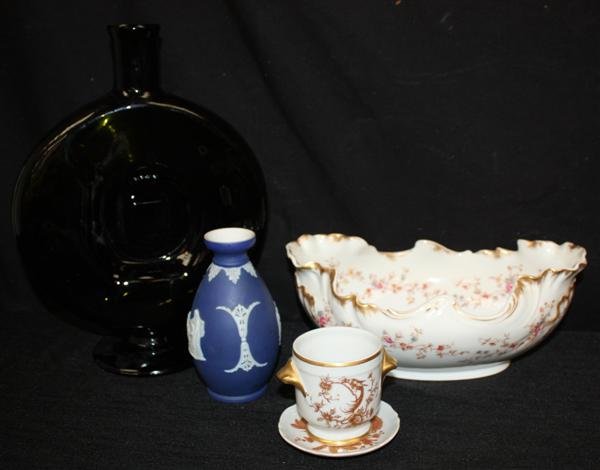 Porcelain: Limoges Wedgwood + Blenko Bottle: Blenko bottle 12" h , bowl is 10" w
