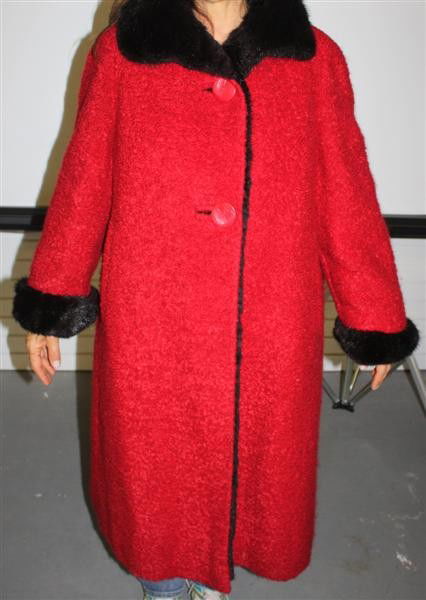 Mink Lined Red Wool Coat w/Mink Collar: length: 44" width:20" arm length:23"