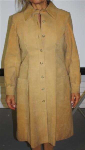 Halston Micro Suede Coat Dress: Length:42" width:16" arm length:23"