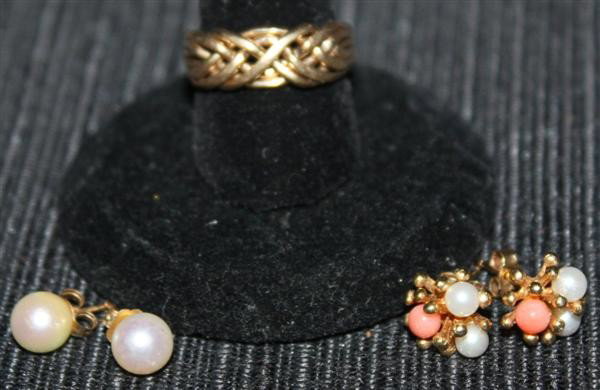 14kt Pearl & Coral Earrings, 10kt Puzzle Ring
