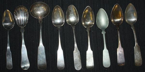 9 Coin Silver Spoons: Sugar Shell, Ladle & Tsp: Farrington & Hunnewe, Boston ca. 1835 Sugar shell, C. Bond ca. 1780 6.5" ladle, Hartford, CT ca, 1850 2 O.D. Seymour teaspoons, ca.1810 T. Keeler, NYC teaspoon, John Bigelow Boston ca1830 teaspoon, H&