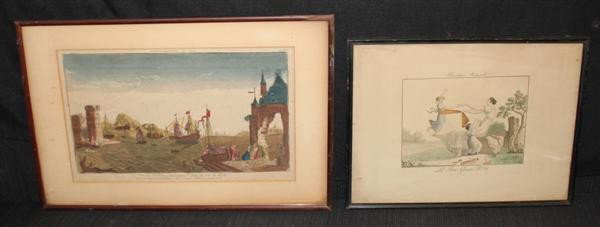 18th & 19thC French Engravings: Optic View & Illus: 18thC Perspective View/Vue d'Optique copper engraving: Port de Constantinople by Jacques Chereau (1688-1776). ca.1817-1827 Le Bon Genre copper engraving "Recreation Maternelle"