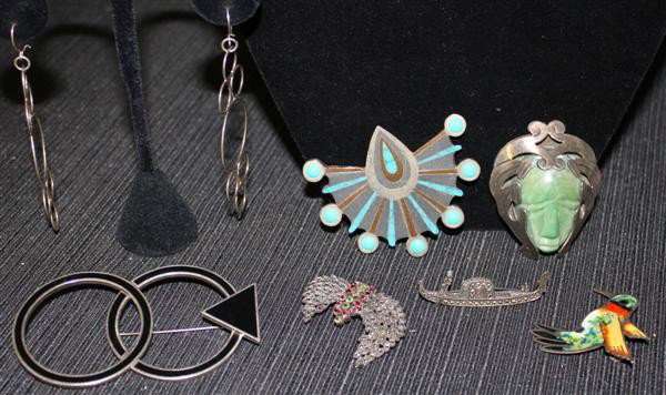 Sterling Silver Jewelry Lot 2 Taxco Enamel Modernist: Includes 3 Signed Taxco brooches, Venetian marcasite, Art Deco marcasite & colored paste, inlaid modernist brooch & modernist earrings.