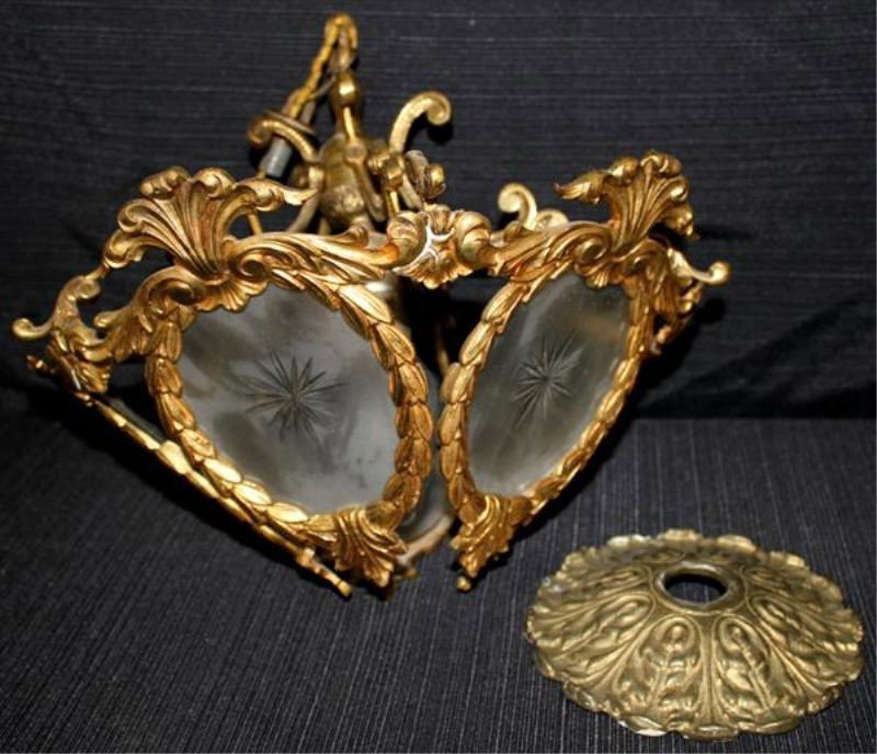 Gilt Metal & 5 Panel Frosted Glass Light Fixture: 1st half 20th c.