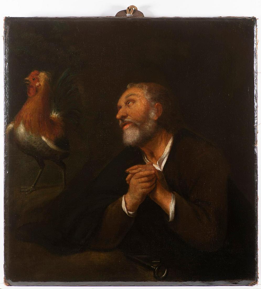 Painter of the Late 17th / early 18th Century, Saint: The saint against a brown background in a dark robe with white sleeve ends and shirt collar protruding from underneath, his hands resting on a table, slightly folded over one another. Lying in front o