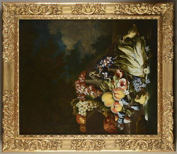 Maximilian Pfeiler (1656–1746), Pair of Still: The refined compositions of these paintings feature various fruit arranged on a flat stone surface outdoors. One of the paintings features peaches, grapes, pears, and plums arranged by a body of water