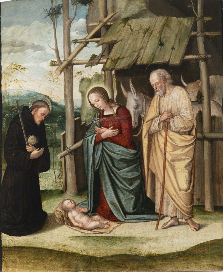Lorenzo Costa (1460 Ferrara-1535 Mantua): Lorenzo Costa, Adoration of the Child and Saint Nicholas of Tolentino, 1491-1493 caOil on panel In front of the ruined hut, is the Holy Family. Jesus, naked, is lying on the ground, on a mat folded on