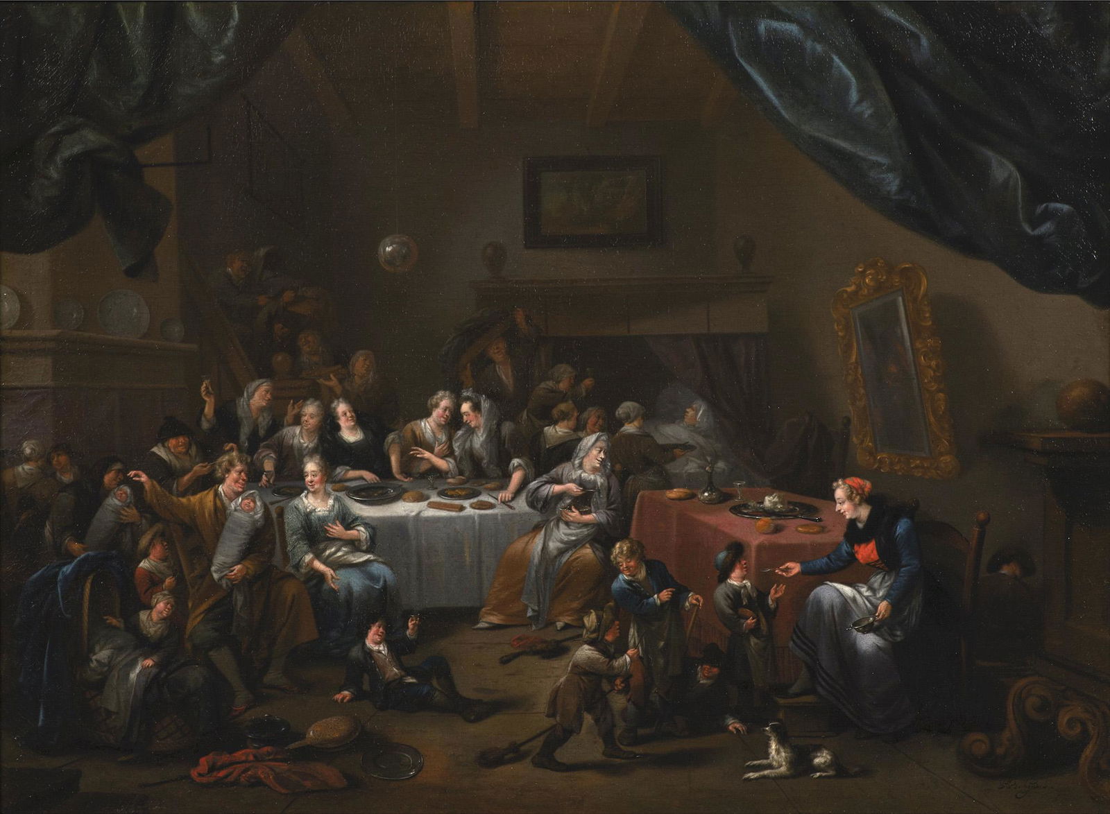 Family Celebration for the Birth of Twins (1703): Bernardus van Schijndel (from 1647 to 1709) continued Haarlem genre painting in Jan Steen's humorous tradition until the 18th century.The image shows the celebration of a family on the occasion of the