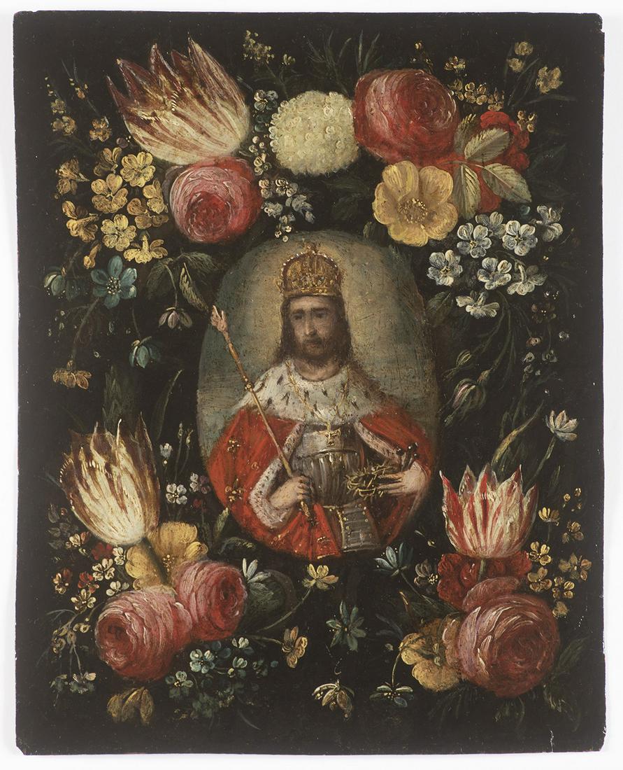 Jan Brueghel the Younger (1601-1678): Flowers around a medallion with Christ as king. The colors typical of Jan Brueghel in the bleeding are applied in a pasto way and make a bright impression. As usual from the late 1630s, the large flow