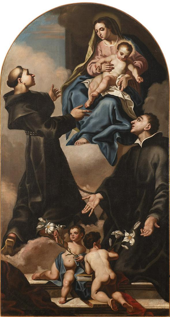 Francesco De Mura (1696 â€“ 1782) Madonna and Child: The canvas is a beautiful altarpiece with the Madonna and Child at the top seated in the clouds, and at the bottom, two saints, both dressed in black. The one on the left is evidently a Franciscan, ba