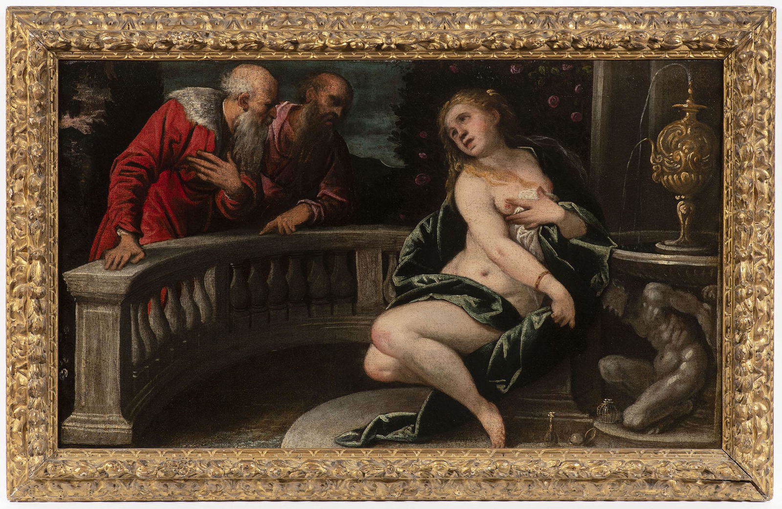 Palma il Giovane (1548/50 â€“ 1628) â€“ attributed to,: SUSANNAH AND THE ELDERS. A young woman crouches modestly near a fountain, trying to cover her nakedness with her cloak, while two bearded men look at her and peer. This is Susannah, an Old Testament h
