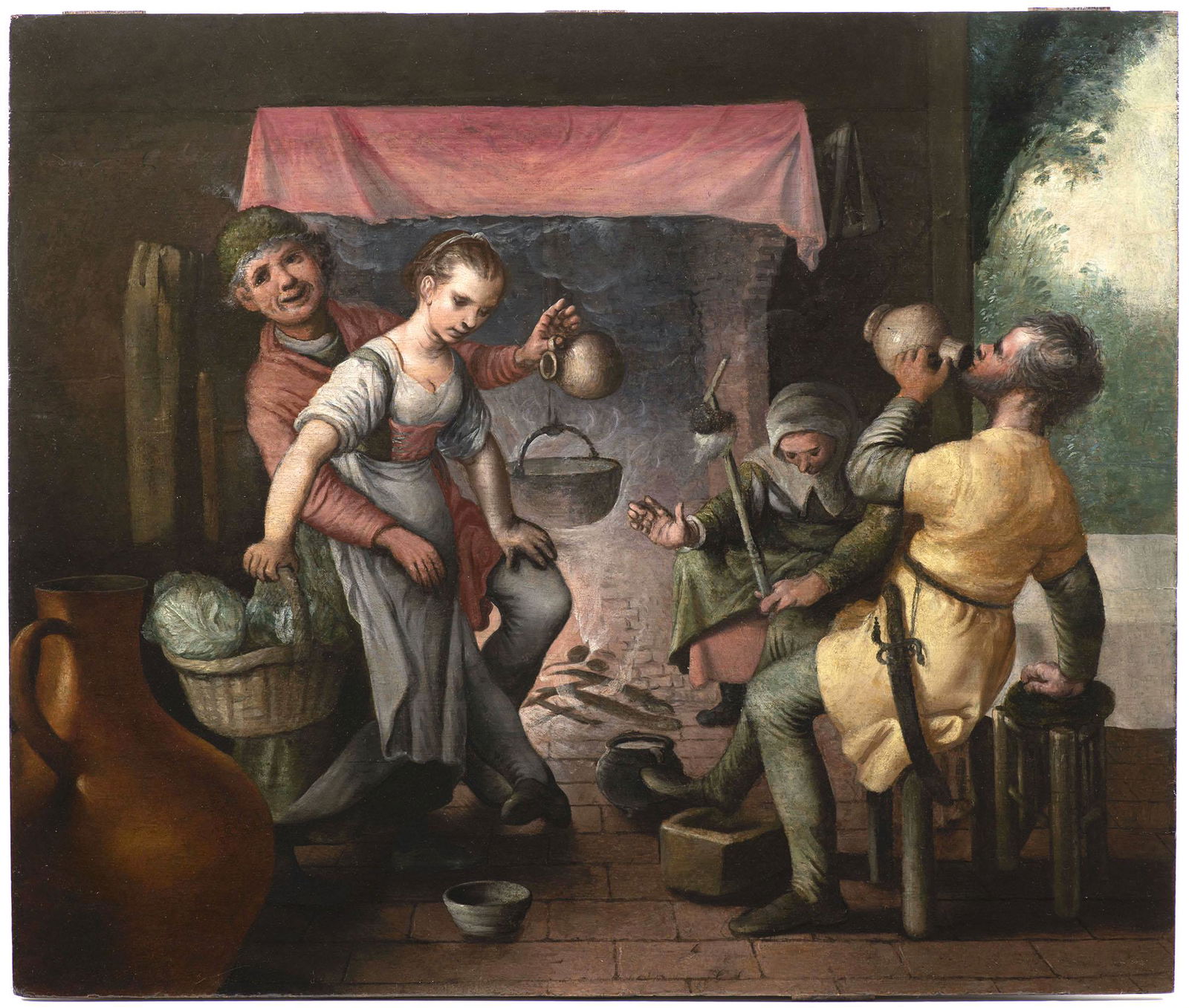 Brunswick Monogrammist, circa 1540, Kitchen Scene with Working Women and Drunken Men (1 of 4)
