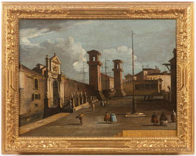 Francesco Tironi, around 1745 Venice â€“ 1797 Bologna VIEW OF THE TOWERS OF THE ARSENAL IN VENICE: Attached is an expert opinion from Dario Succi, Gorizia, undated, copy.From a slightly elevated position, the viewer's gaze falls on the precisely depicted architecture of the two towers of the