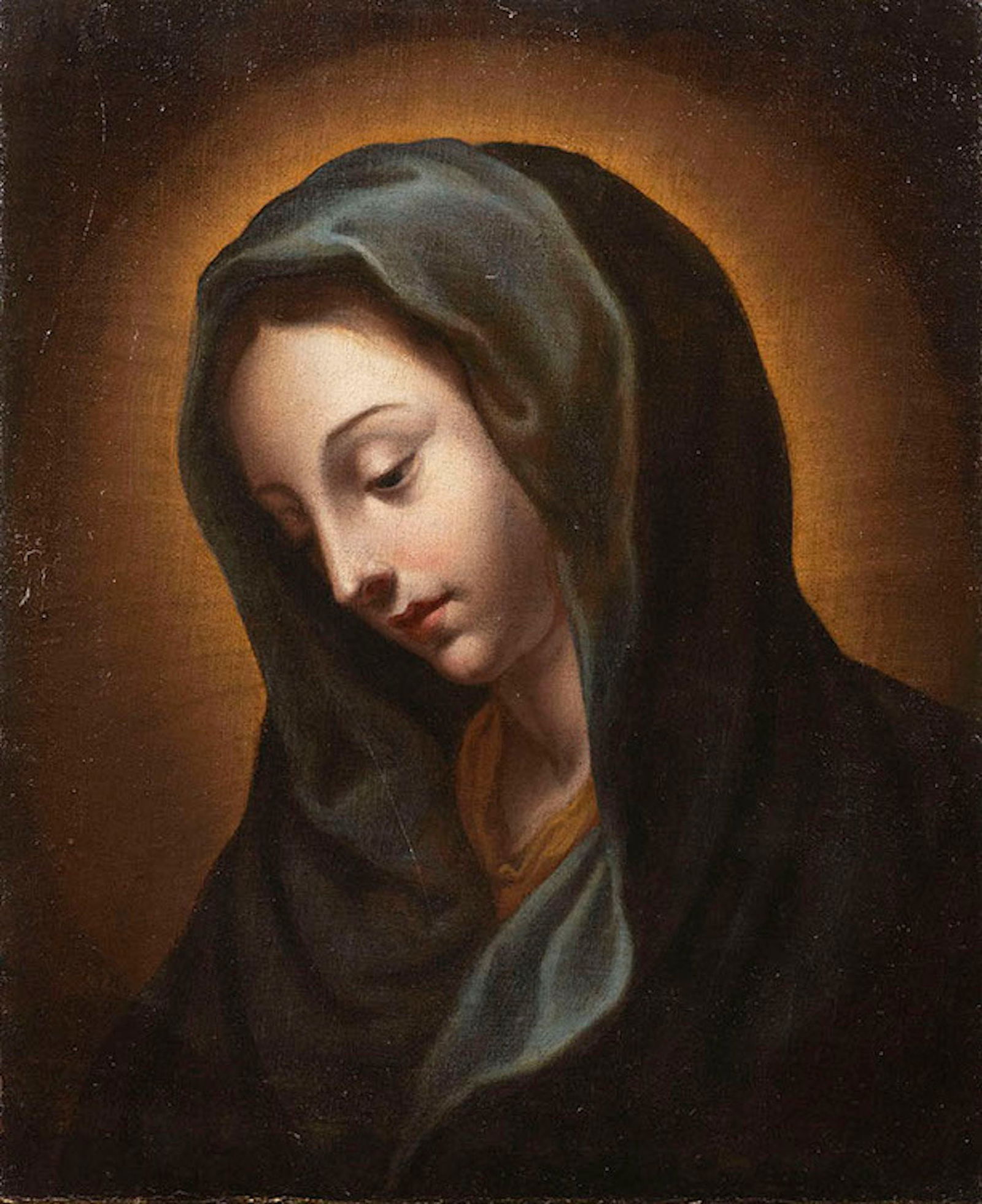 Onorio Marinari (1627-1715), Madonna as Servant of God: Onorio was a pupil of Carlo Dolci (1616â€“1686), whose emotional style and color scheme he adopted in his work. Mary is depicted with her head bowed and a blue mantle draped over her head. A gold
