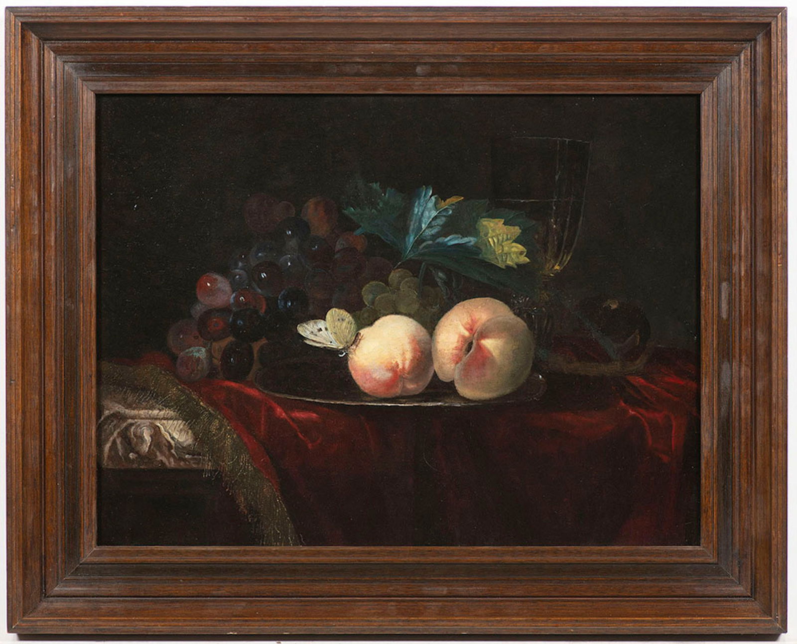 Willem van Aelst (1627-1683) Attributed - Still Life with Peaches, Grapes and Butterfly: Willem van Aelst was born in Delft and was a pupil of his uncle Evert van Aelst (1602â€“1657). Willem van Aelst was active in Florence during his trip to Italy in 1649â€“1652, where Cardinal