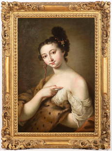 Rosalba Carriera (1675â€“1757) â€“ attributed. Young woman wearing leopard skin: The young woman sits in front of a neutral, brown-gray background and looks to the left with her head slightly bowed and a slight smile. She is dressed in a thin shirt that has slipped off her shoulde