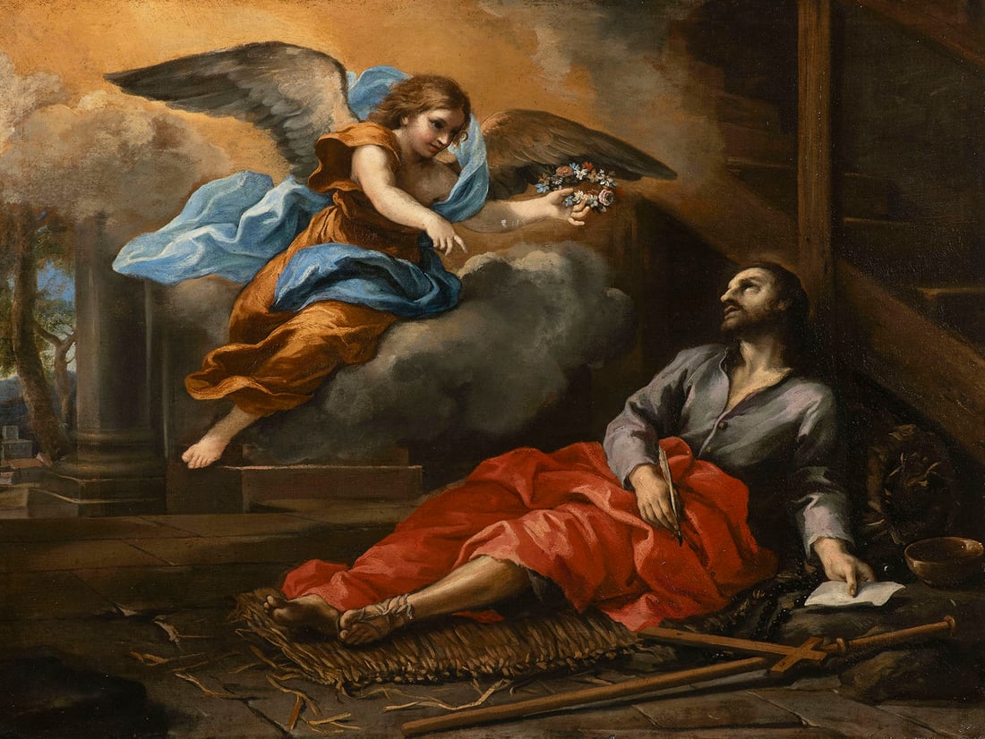 Ciro Ferri (1633-1689) A pilgrim comforted by an angel (St Roch?): The Roman painter Ciro Ferri was the most important pupil of Pietro da Cortona (1596-1669), a major master of Roman Baroque painting. In a kind of courtyard with a wooden staircase and damaged paving,