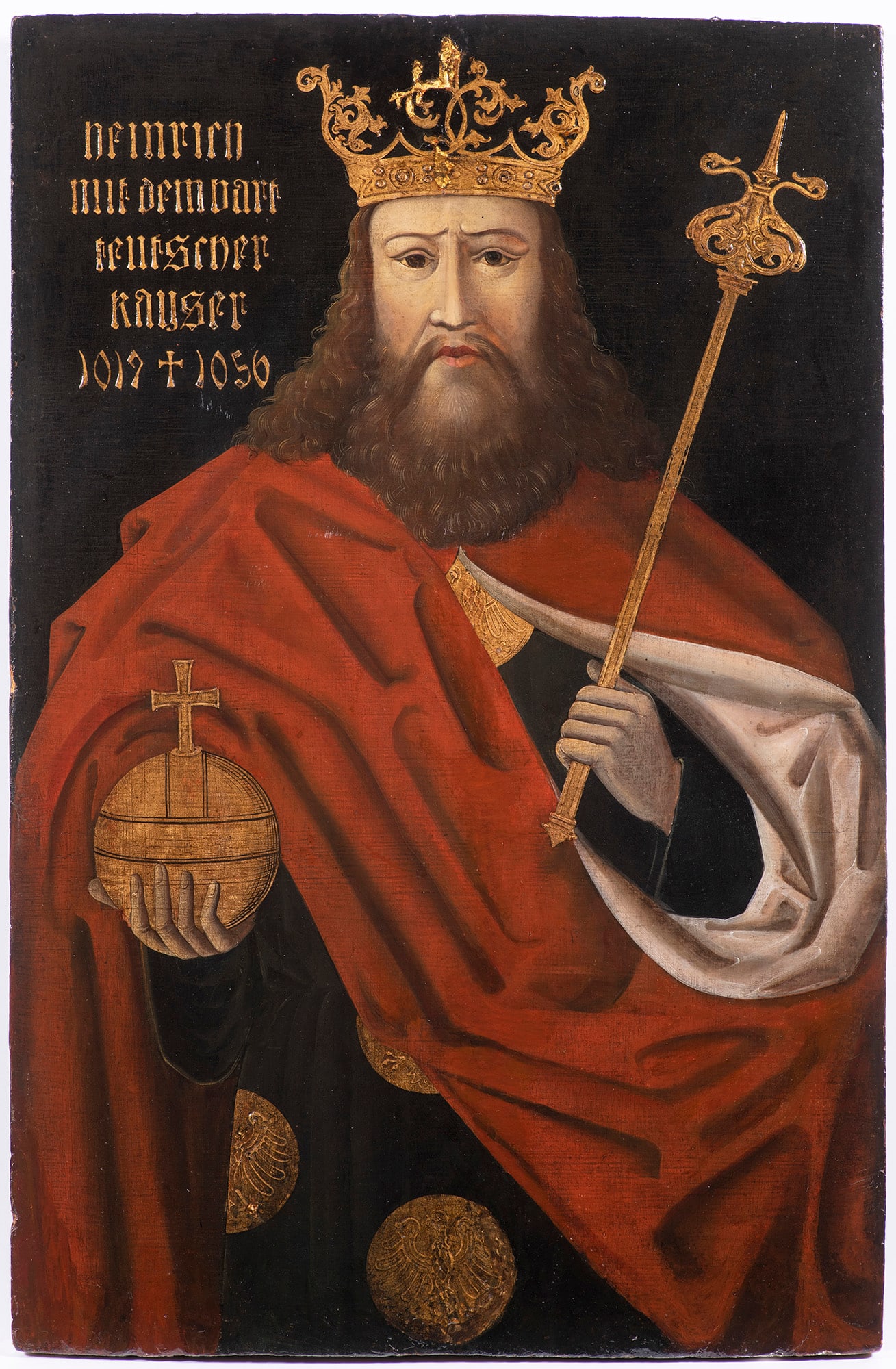 Austrian or German School, c. 16th century, Emperor Heinrich III: Inscription: Heinrich mit dem Bart Teutscher Kayser (Heinrich with the beard German Emperor) 1017 † 1056 (dates not authentic) The painting depicts an emperor of the Holy Roman Empire. Dressed in a