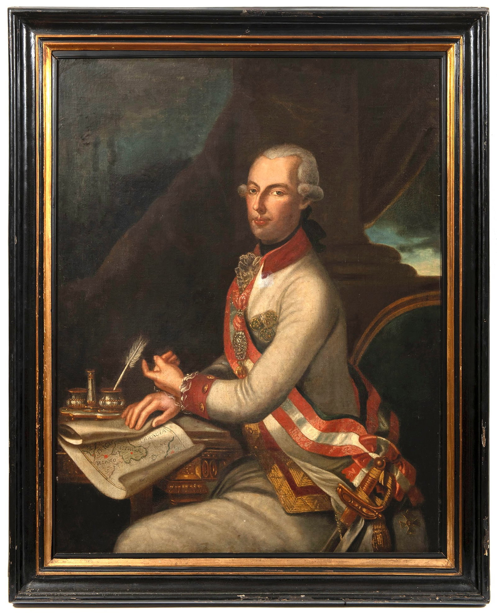 Joseph Hickel (1736 Bohemian Leipa – 1807 Vienna) Circle Portrait of Emperor Joseph II: Representative, half-length portrait of the emperor, who reigned from 1765 to 1790, seated at his desk in front of a map, wearing a white uniform, as Grand Master of the Order of the Golden Fleece, an