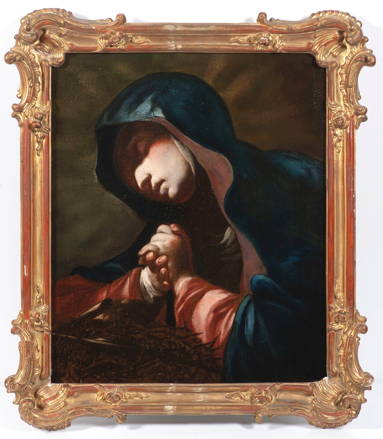 Paul Troger (1698-1762), Workshop. Mater Dolorosa: This poignant oil painting, of the workshop of the prominent Austrian Baroque painter Paul Troger, depicts the Mater Dolorosa, a powerful representation of the Virgin Mary in mourning. The figure is s